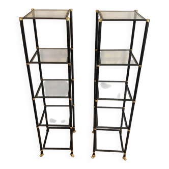 Pair of black lacquered metal and brass shelves. Guy Lefèvre for Maison Jansen. Circa 1970.