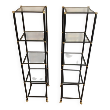 Pair of black lacquered metal and brass shelves. Guy Lefèvre for Maison Jansen. Circa 1970.
