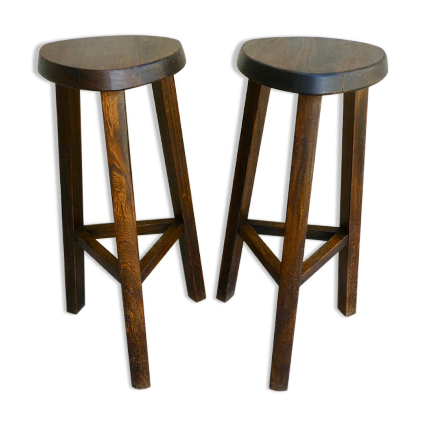 Pair of high tripod stools, bar, solid wood