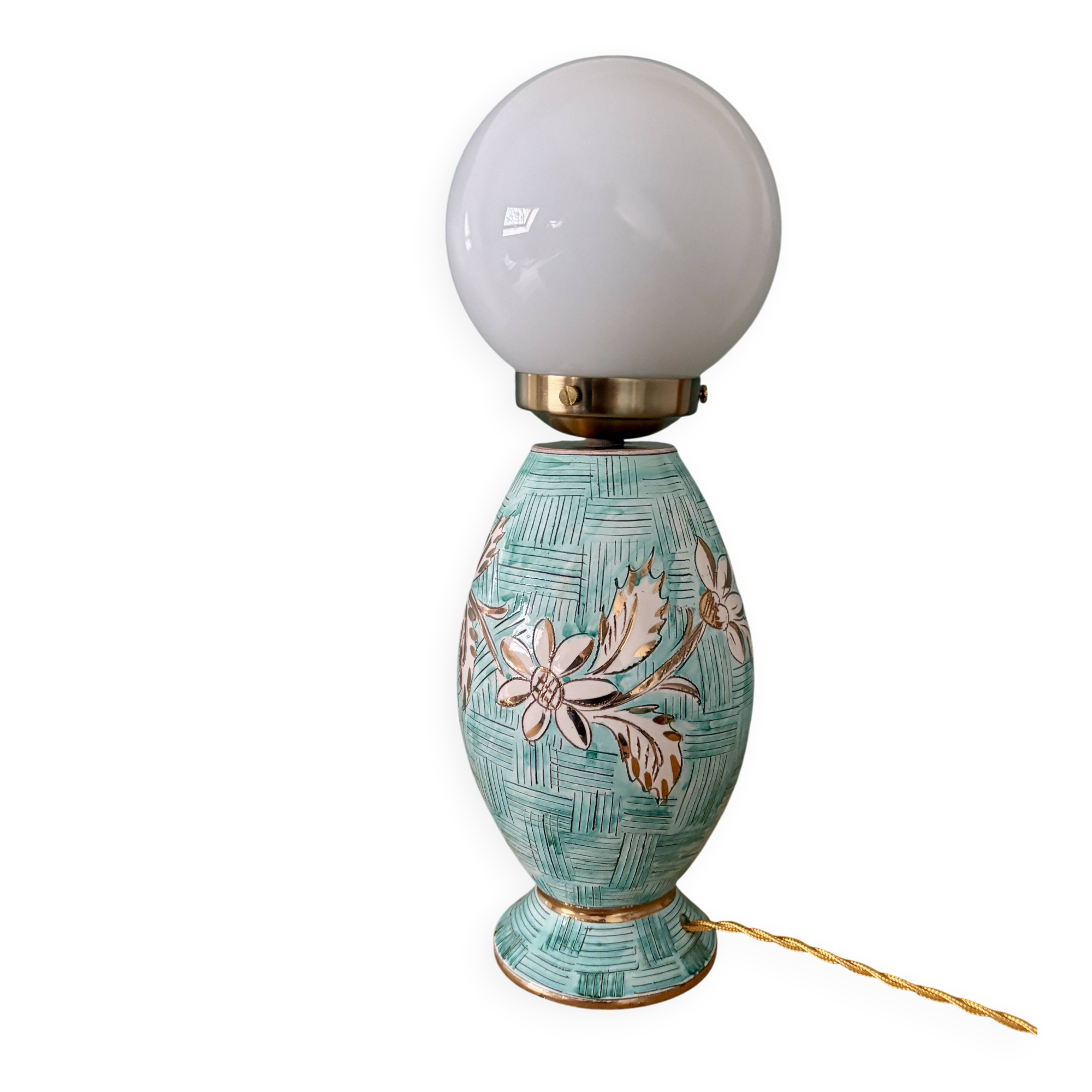 Lampe vintage en céramique et opaline blanche.