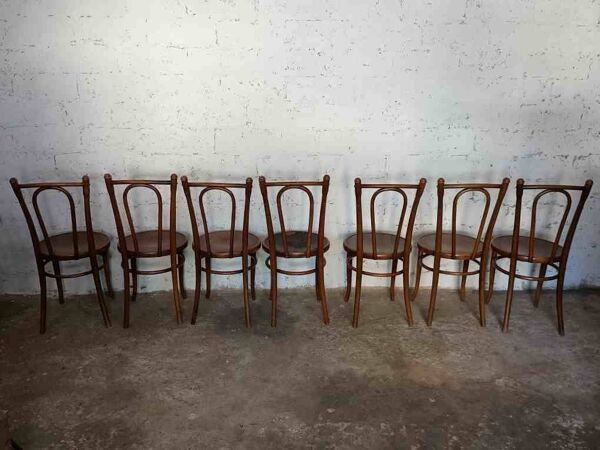 7 chaises bistrot pirogravées début XXème siècle Fischel Baumann Luterma