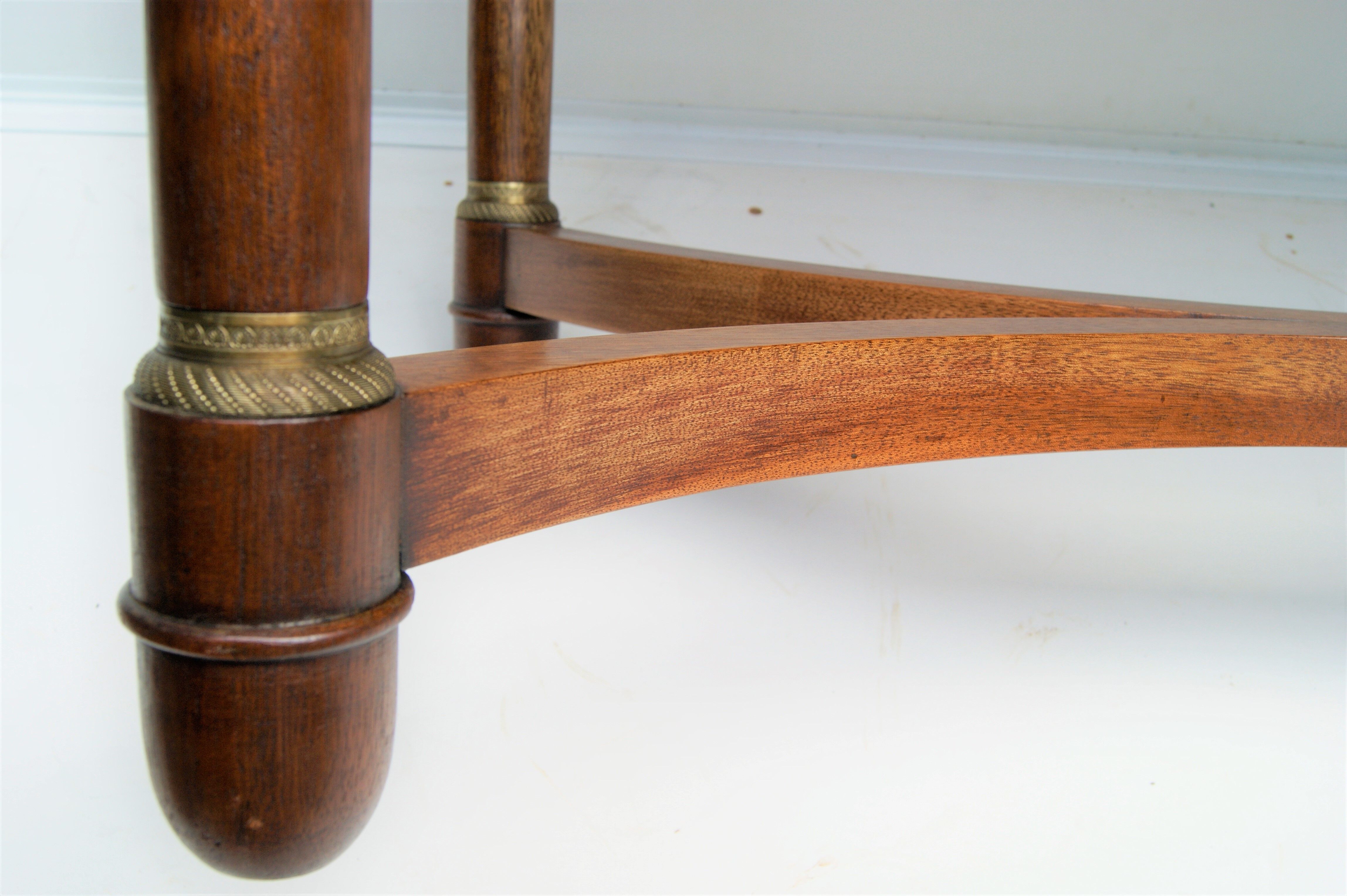 Mahogany coffee table, green leather, bronze Empire style