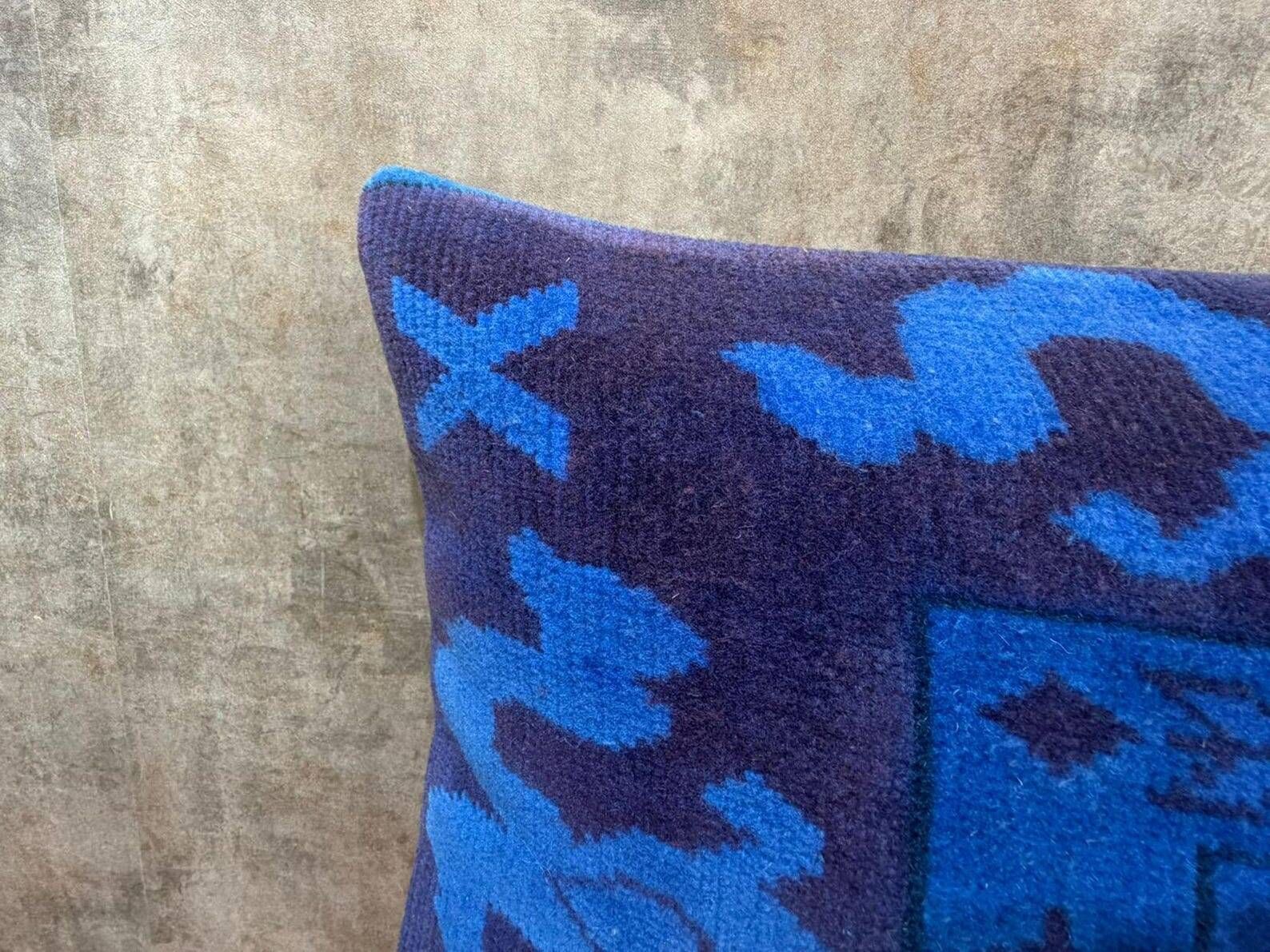 Vintage Turkish Wool Lumbar Pillow, Handmade Blue Geometric Rug Cushion