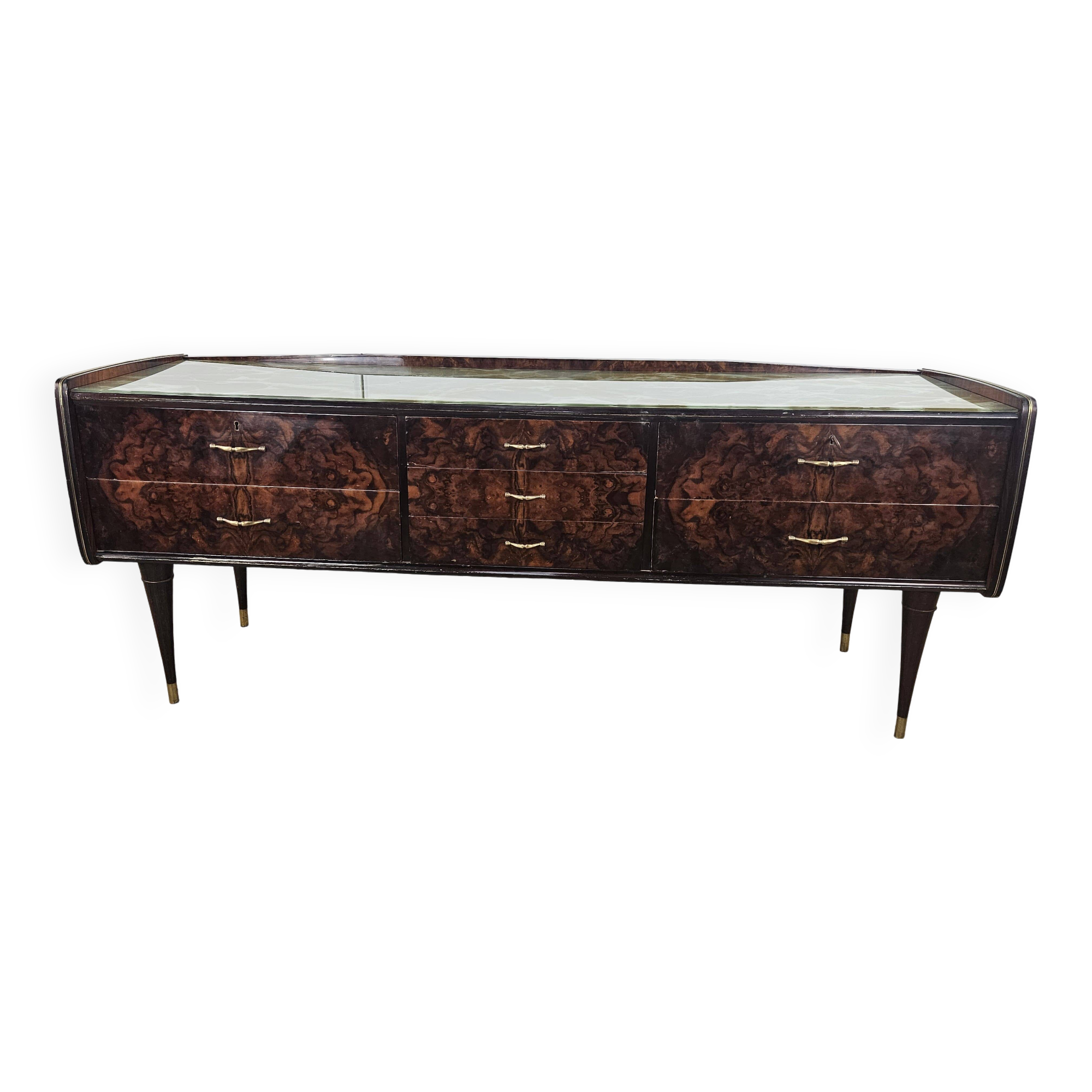 Commode à tiroirs du milieu des années 70 avec plateau en verre