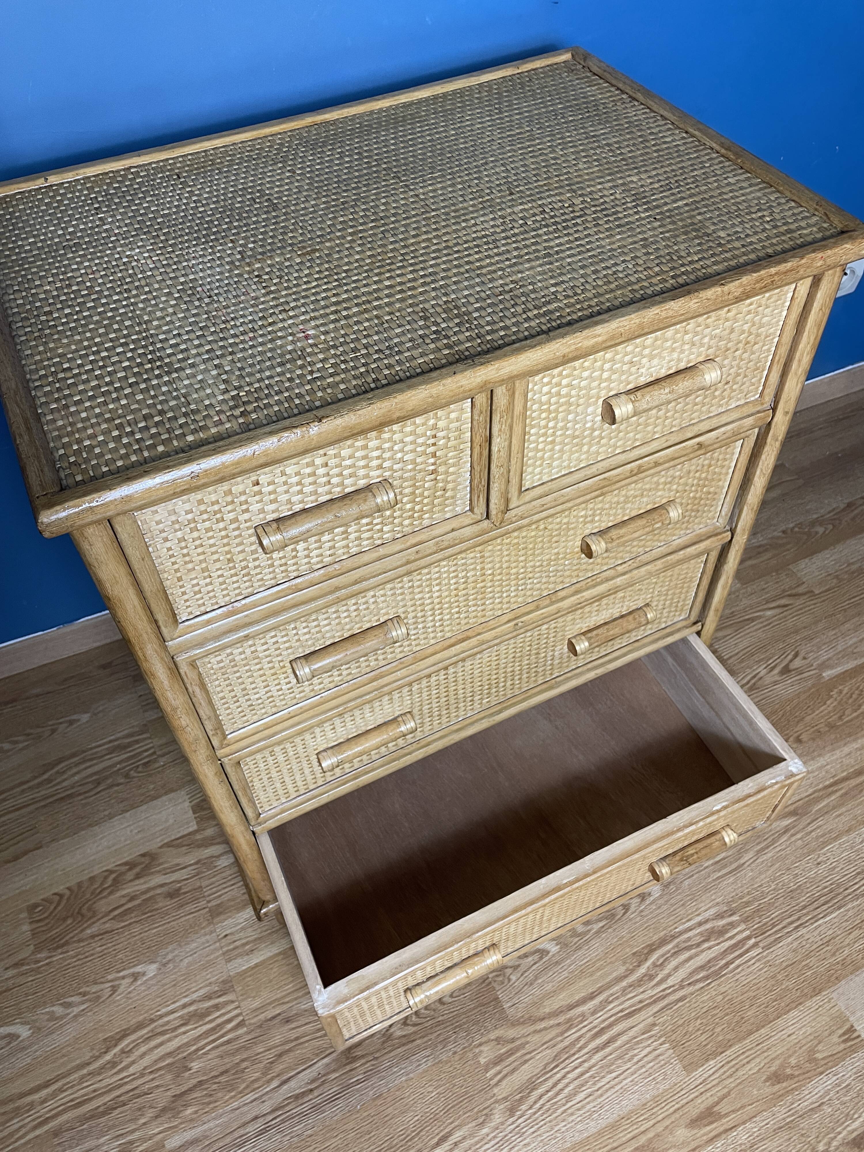 Vintage natural rattan chest of drawers