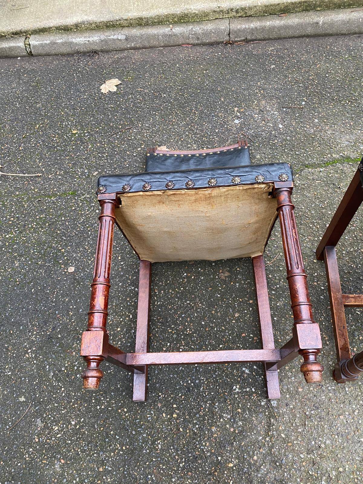 Two 19th-century Henri II chairs in solid wood and black leather upholstery