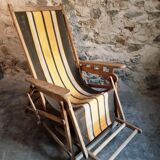 Vintage French folding lounge chair – 1950s/60s in beech with striped canvas, adjustable recliner