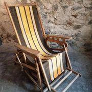Vintage French folding lounge chair – 1950s/60s in beech with striped canvas, adjustable recliner