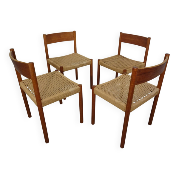 Teak & Papercord Dining Chairs by Poul M. Volther for Frem Røjle, Denmark, 1960s, Set of 4