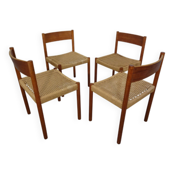 Teak & Papercord Dining Chairs by Poul M. Volther for Frem Røjle, Denmark, 1960s, Set of 4