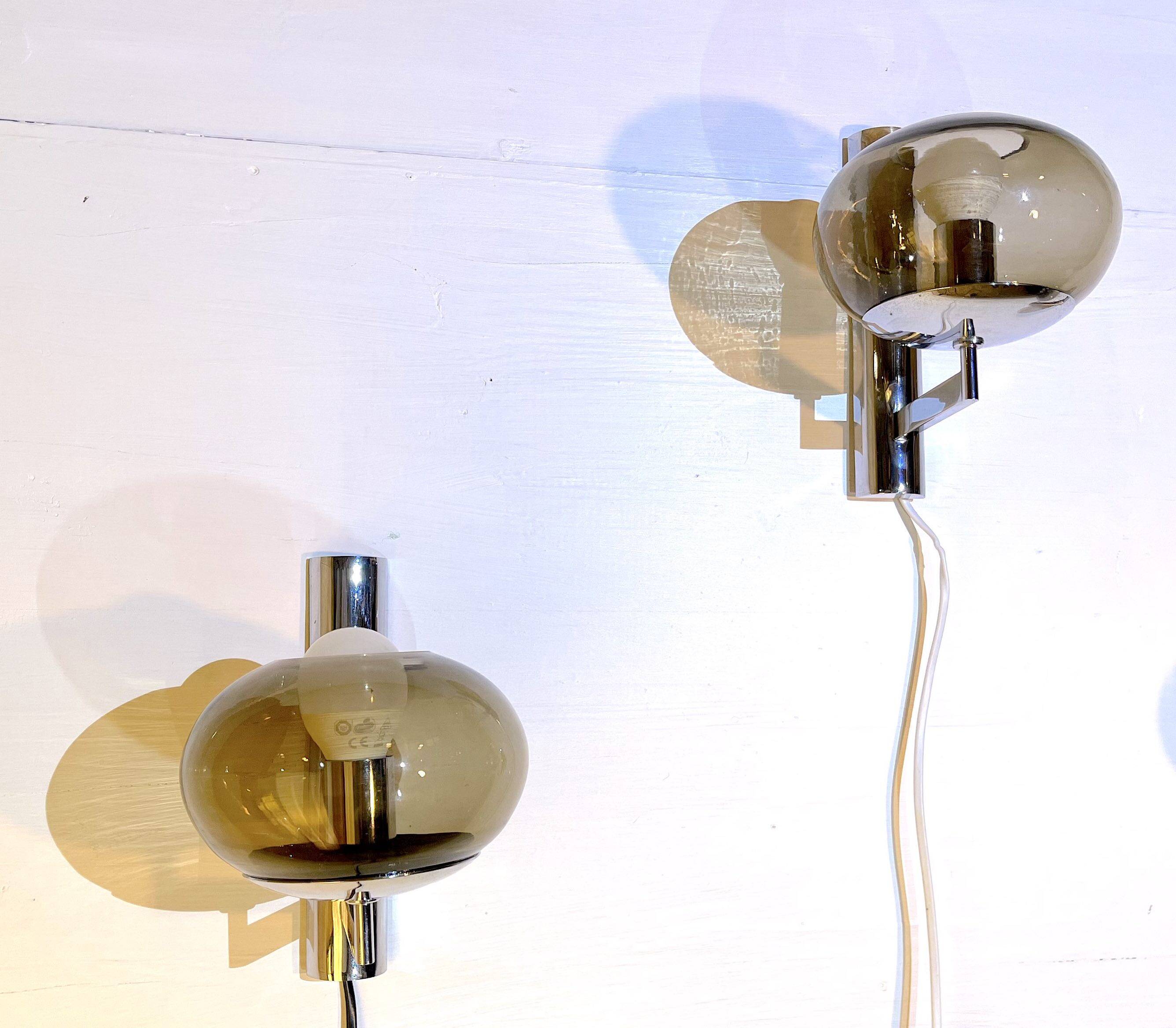 Sciolari, pair of chrome wall lights, smoked glass, Italy, 1970s