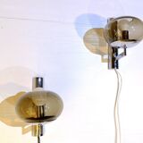 Sciolari, pair of chrome wall lights, smoked glass, Italy, 1970s