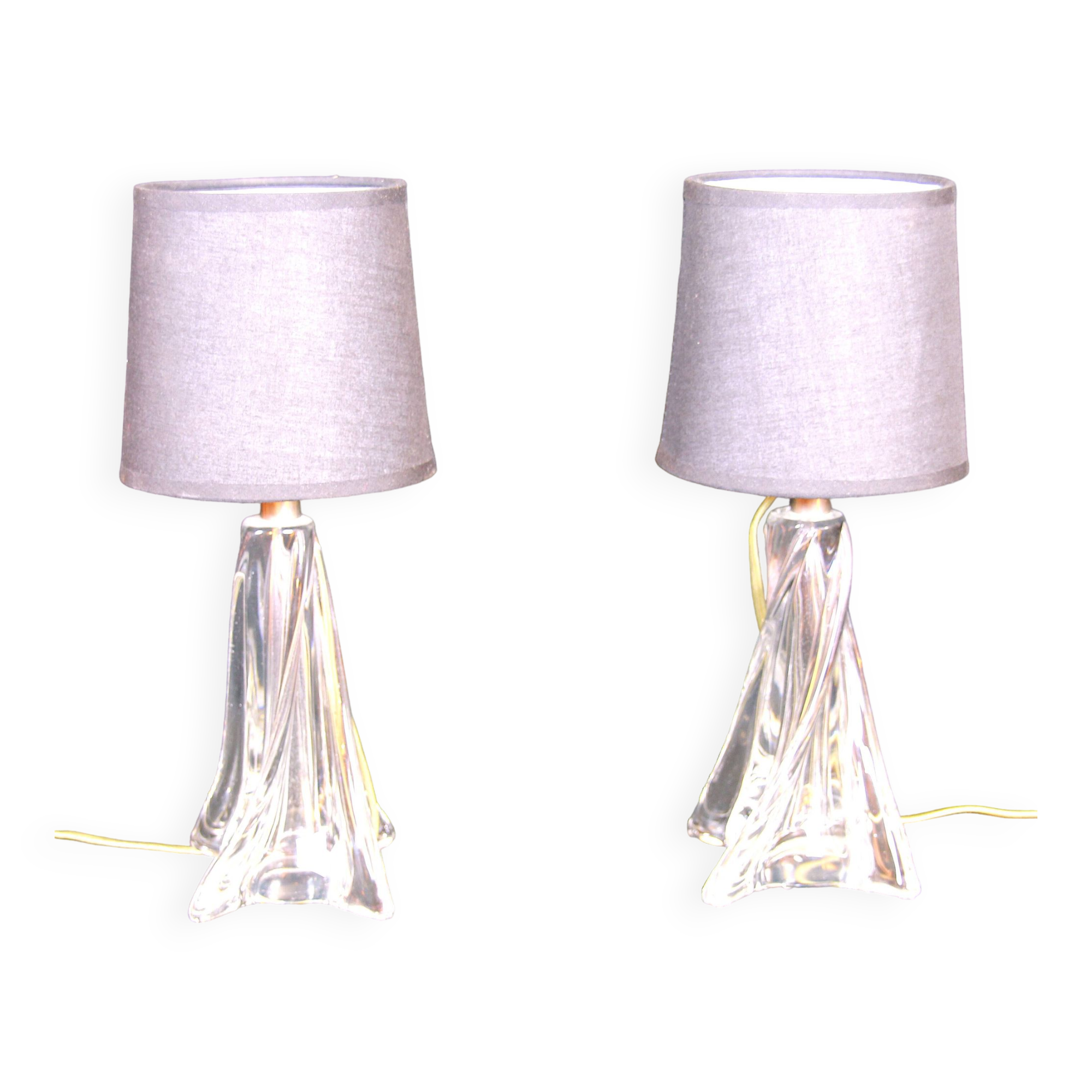 Twisted crystal glass bedside lamps, mid-century France - a pair