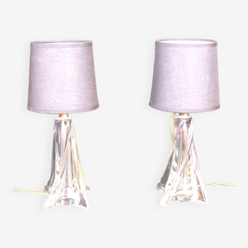 Twisted crystal glass bedside lamps, mid-century France - a pair