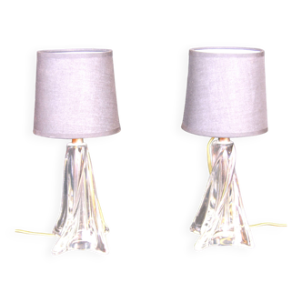 Twisted crystal glass bedside lamps, mid-century France - a pair