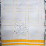 Checked & monogram half-linen tablecloth