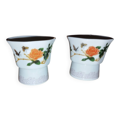 Paire de coquetiers anciens à bille en verre – Décor floral & insectes – Po
