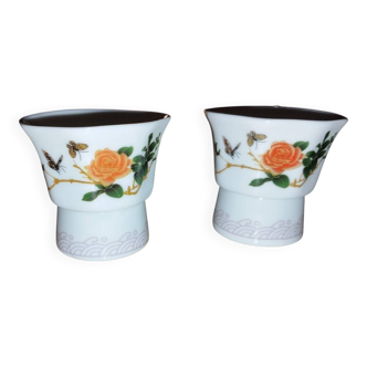 Pair of antique glass egg cups – Floral & insect decoration – Po
