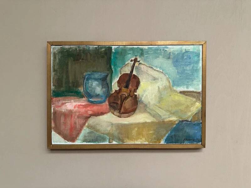 Oil on canvas “Still life with guitar” by Helerie 70, vintage & framed 62x42cm