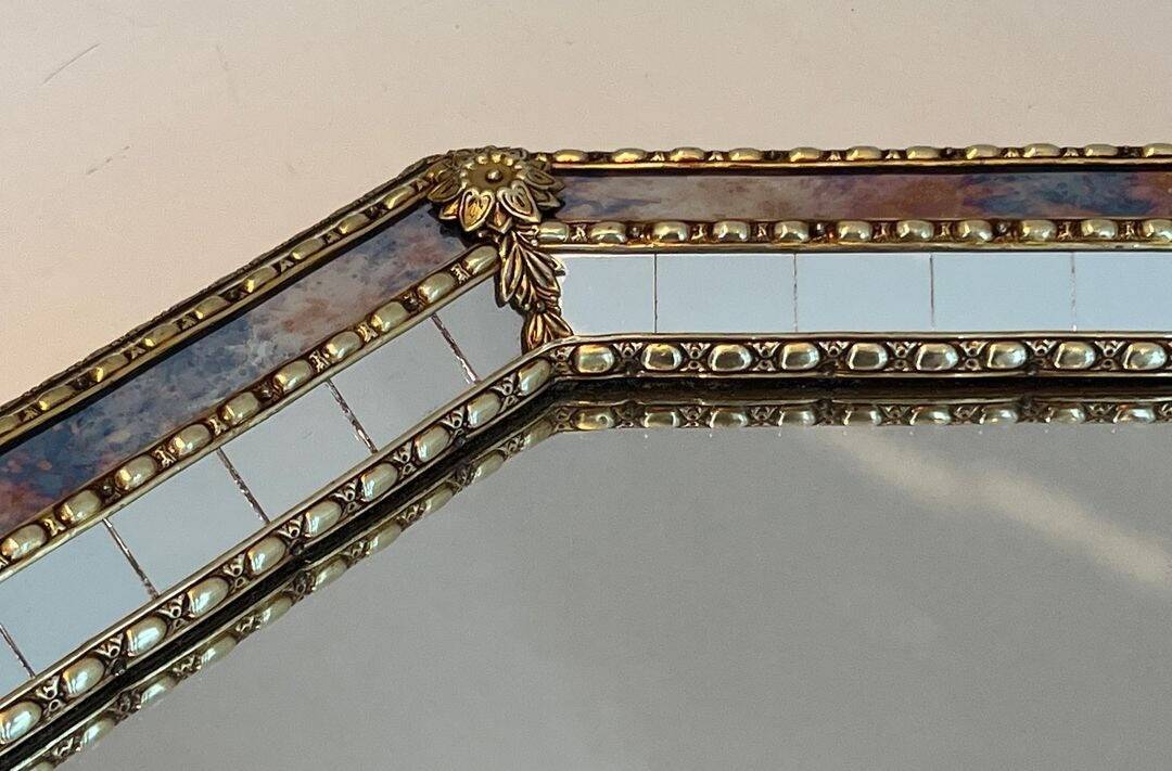 Octagonal Faceted Mirror with Brass Garlands — French Work, Glass