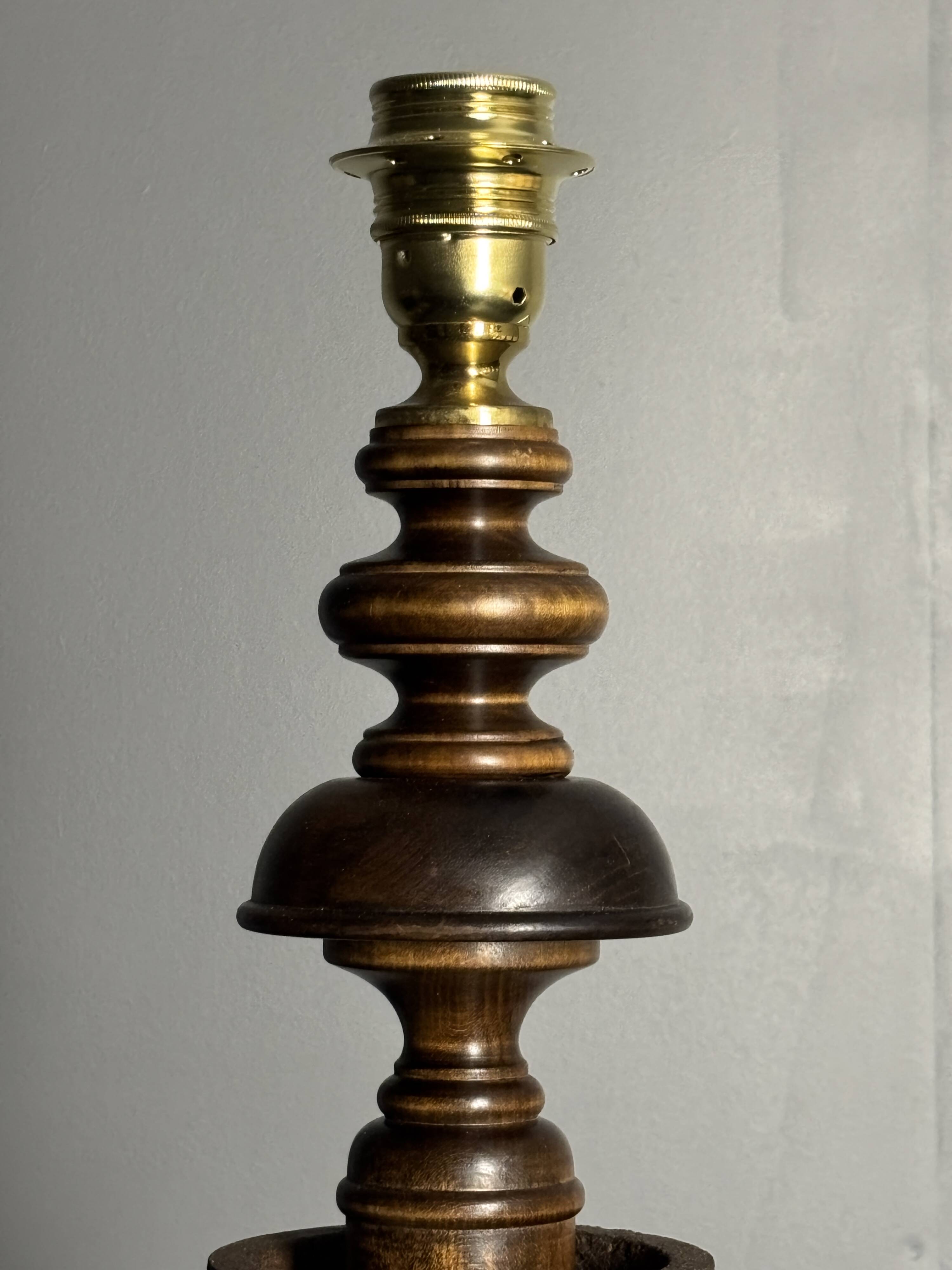 Brutalist wood turned and cast iron large table lamp, 1960s