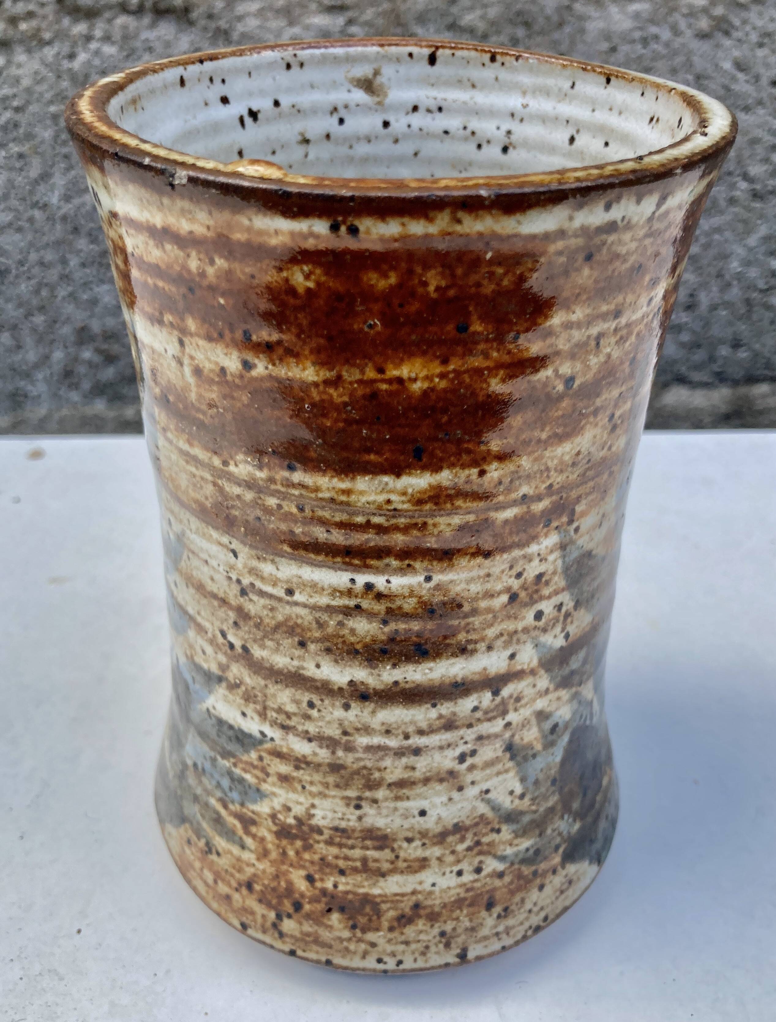 glazed ceramic vase with abstract flower decoration, signature to identify