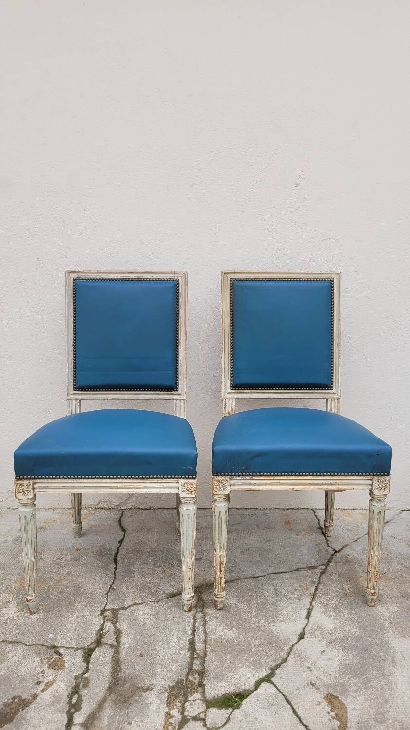 Pair of antique Louis XVI style chairs with patina