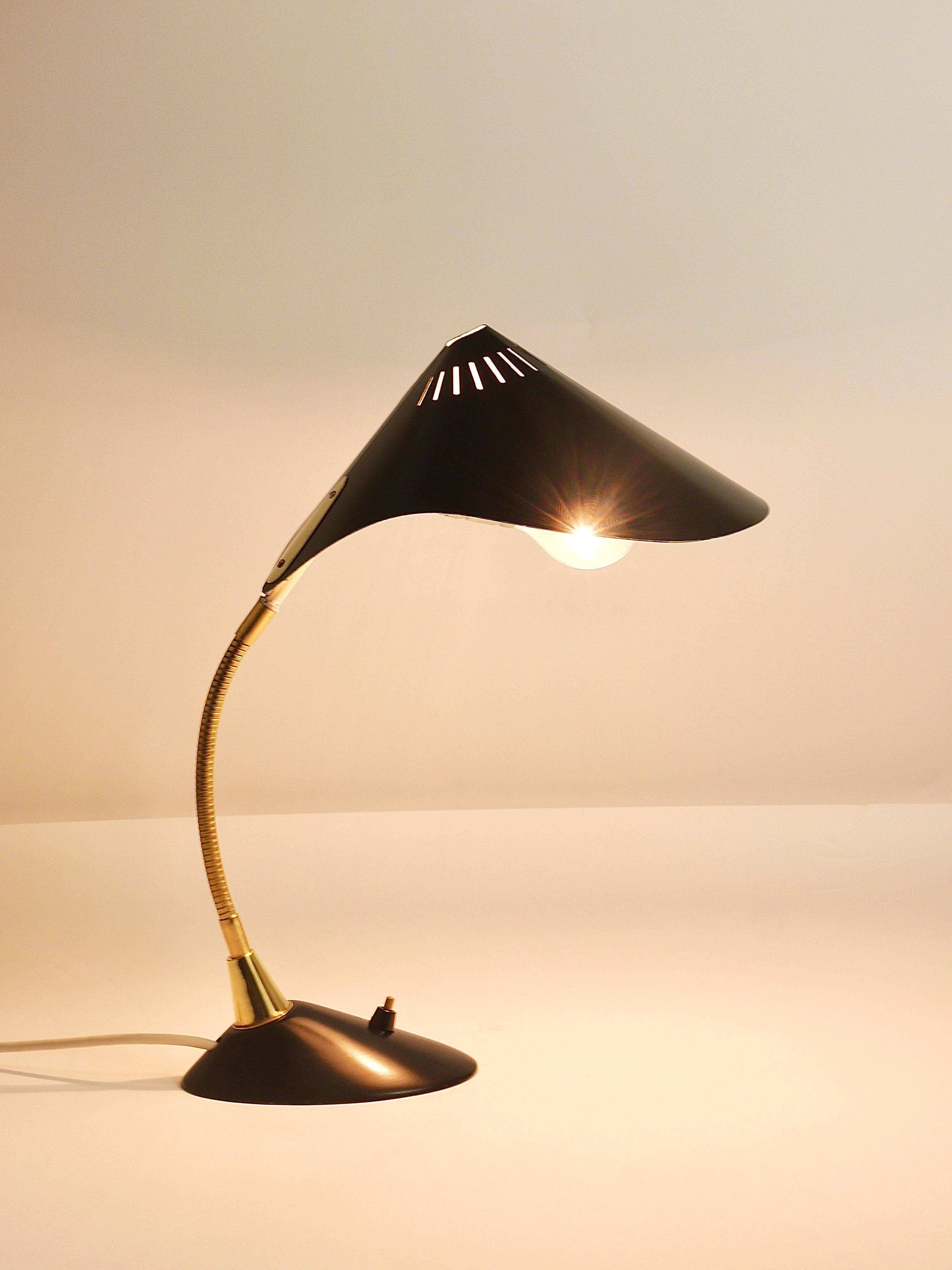 1950s Cosack Cobra black desk or table lamp in brass, mid-century, Stilnovo style.
