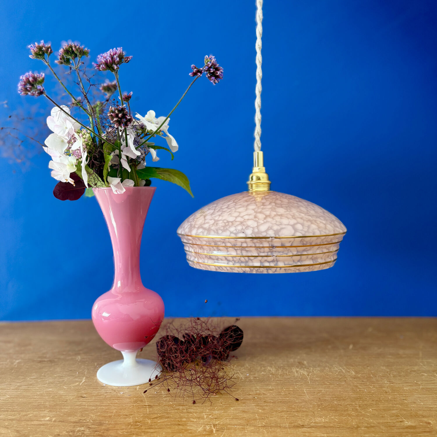 Vintage pink and gold clichy glass lampshade pendant light
