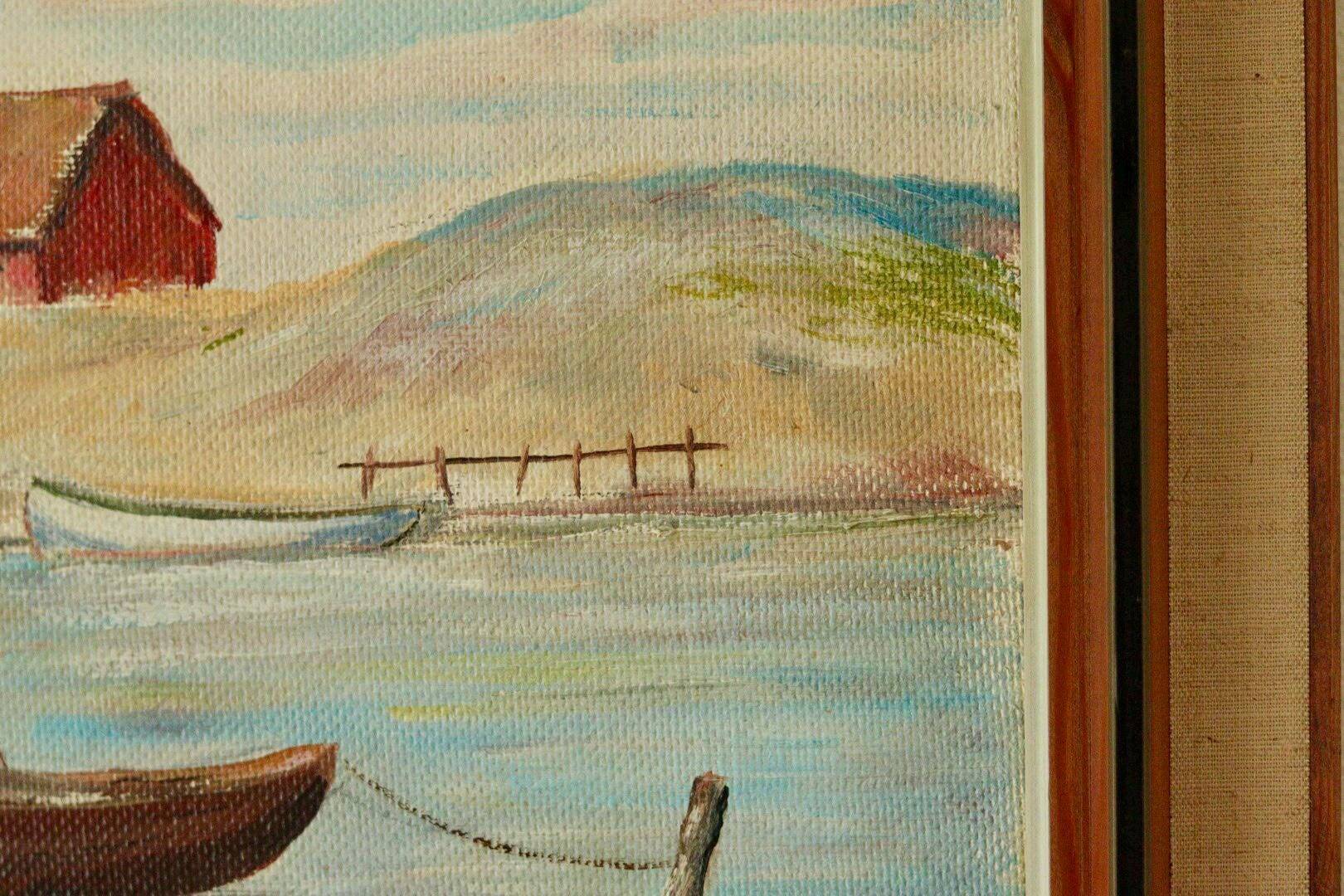 Peinture sur panneau vintage – « Motif bateau et maison »