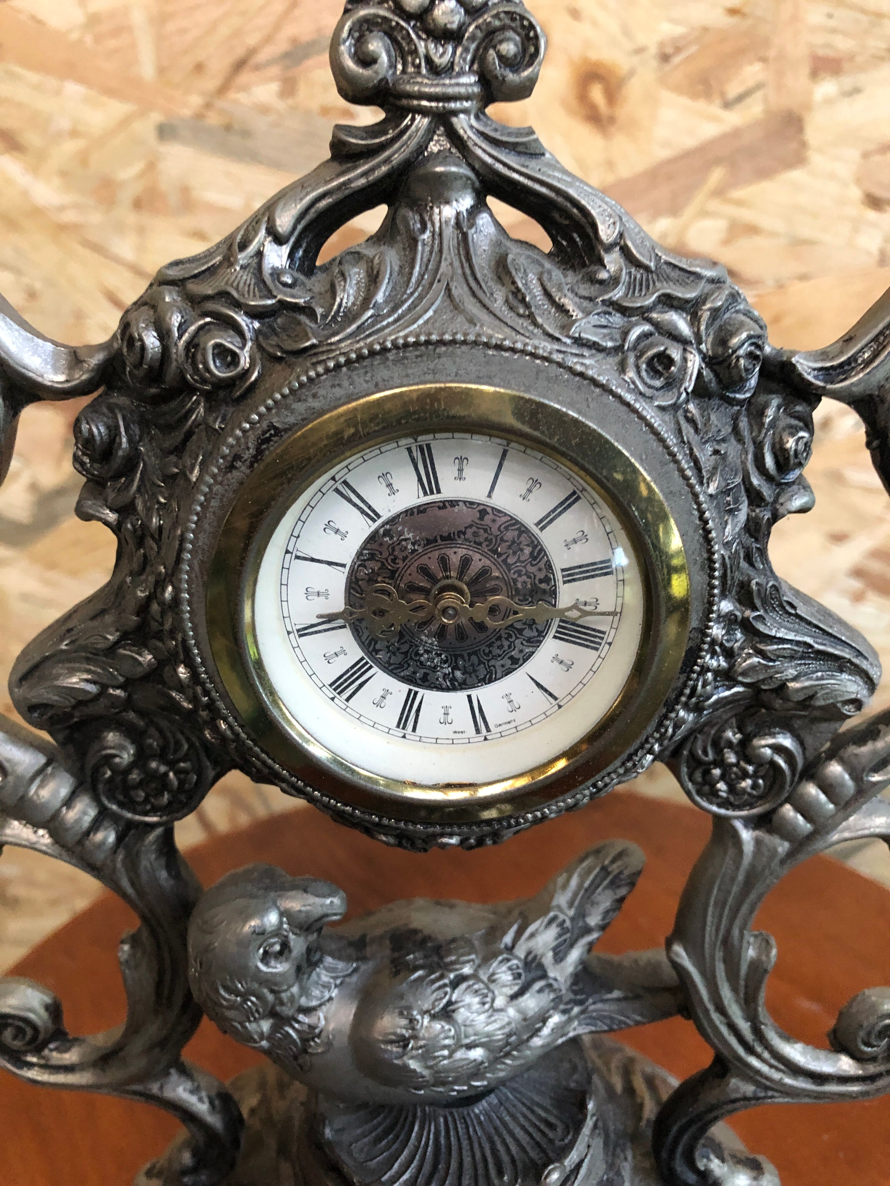 Old clock table clock baroque style metal gray made in italy vintage