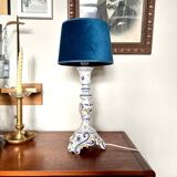 Rouen earthenware and blue velvet table lamp