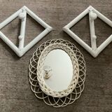 Rattan entrance set with mirror and 2 coat hooks.