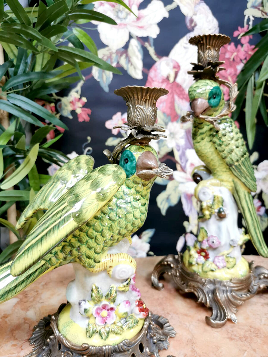 Set of 2 decorative brass candle holders porcelain parrots