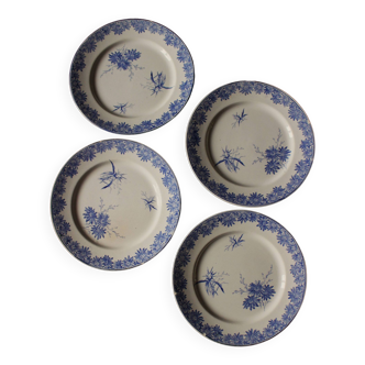 Lot 4 assiettes plates bleu Marguerites Creil Montereau Terre de Fer