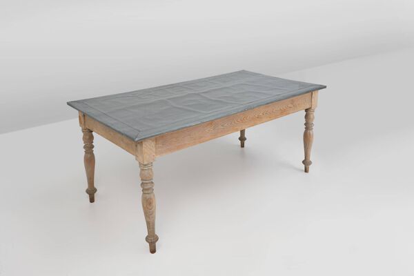 Table à manger rustique en pin français avec plateau en zinc, vers 1850