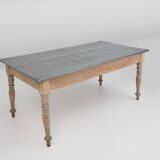 Table à manger rustique en pin français avec plateau en zinc, vers 1850