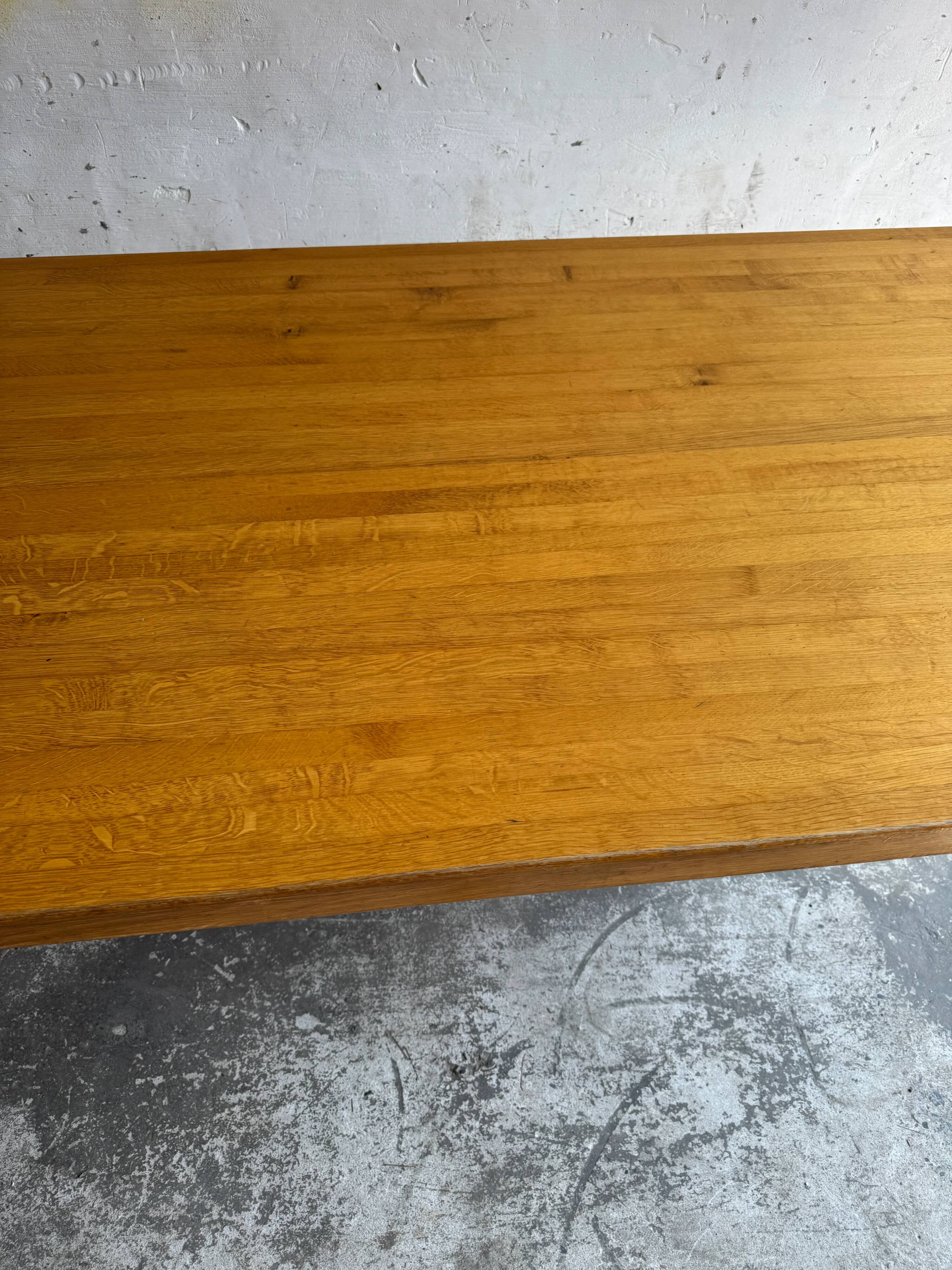 Geometric Brutalist Dining Table — Natural Wood Top with Metal Support, 1980s Architectural Design