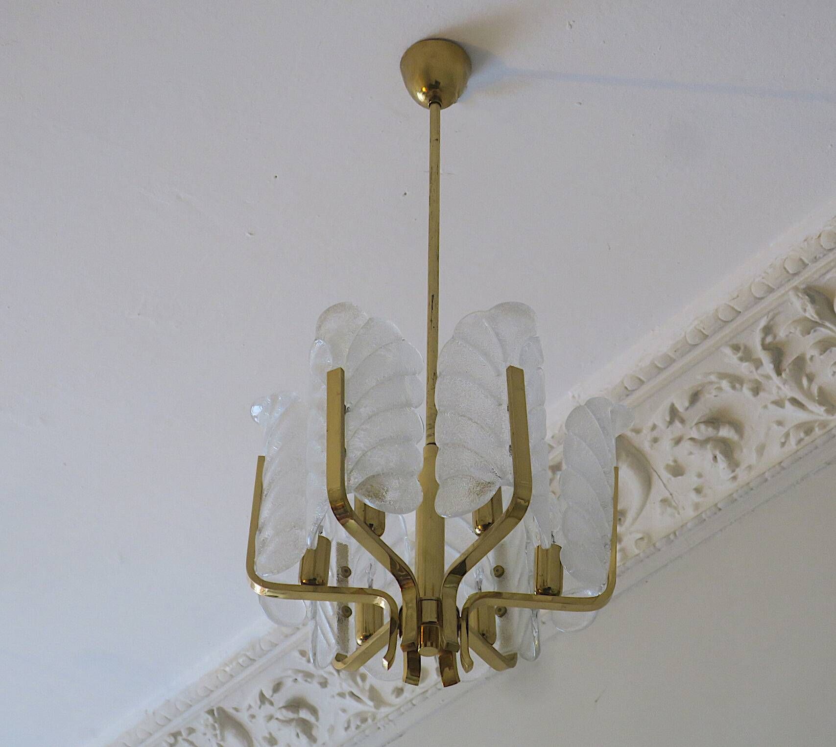 Carl Fagerlund brass and glass acanthus leaf chandelier, Sweden 1960s