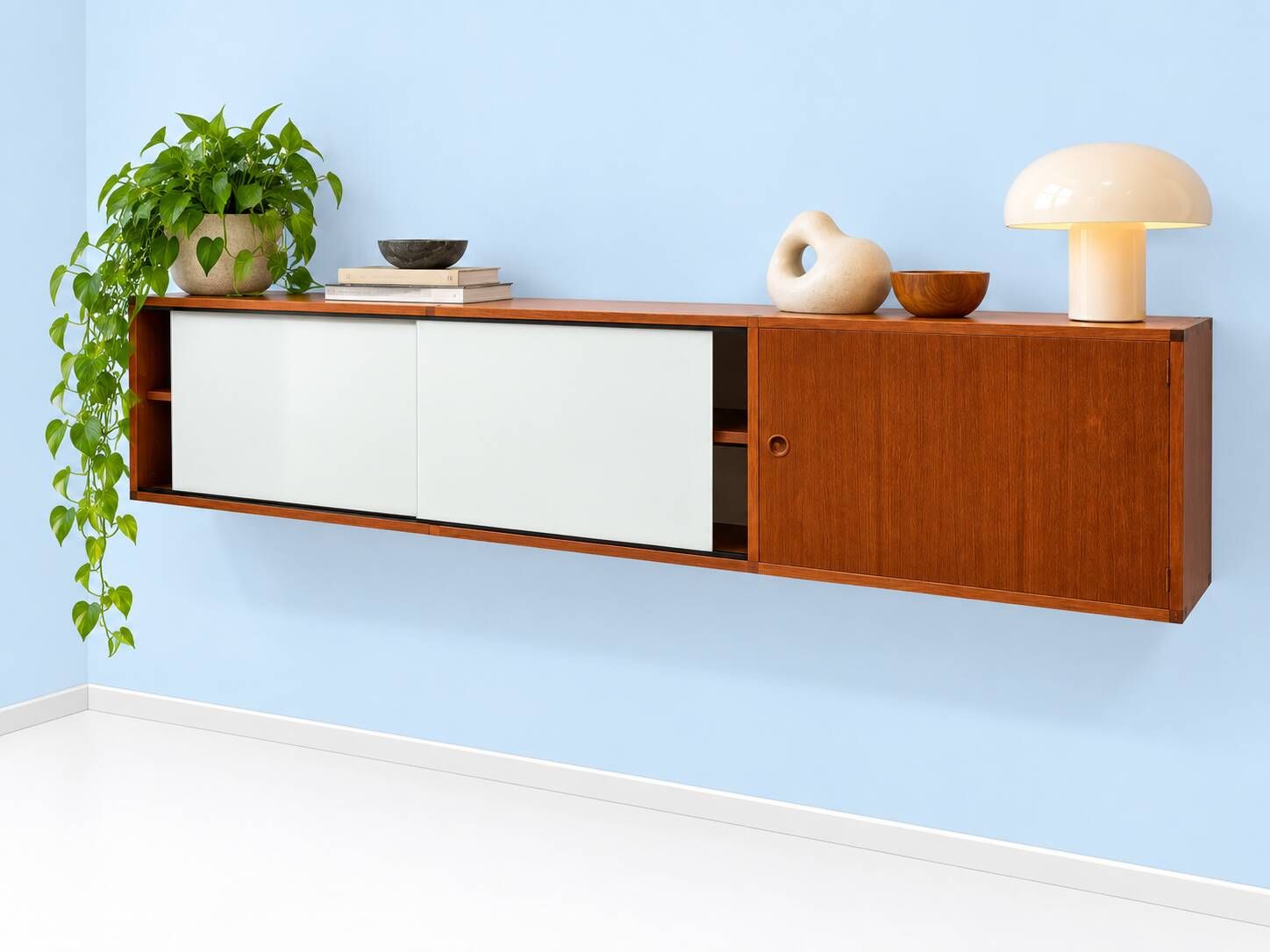 A.R.P. – Wall-mounted furniture in teak and opaline glass, 1950s
