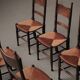 Set of 6 Arts & Crafts chairs, solid wood and straw, circa 1900.