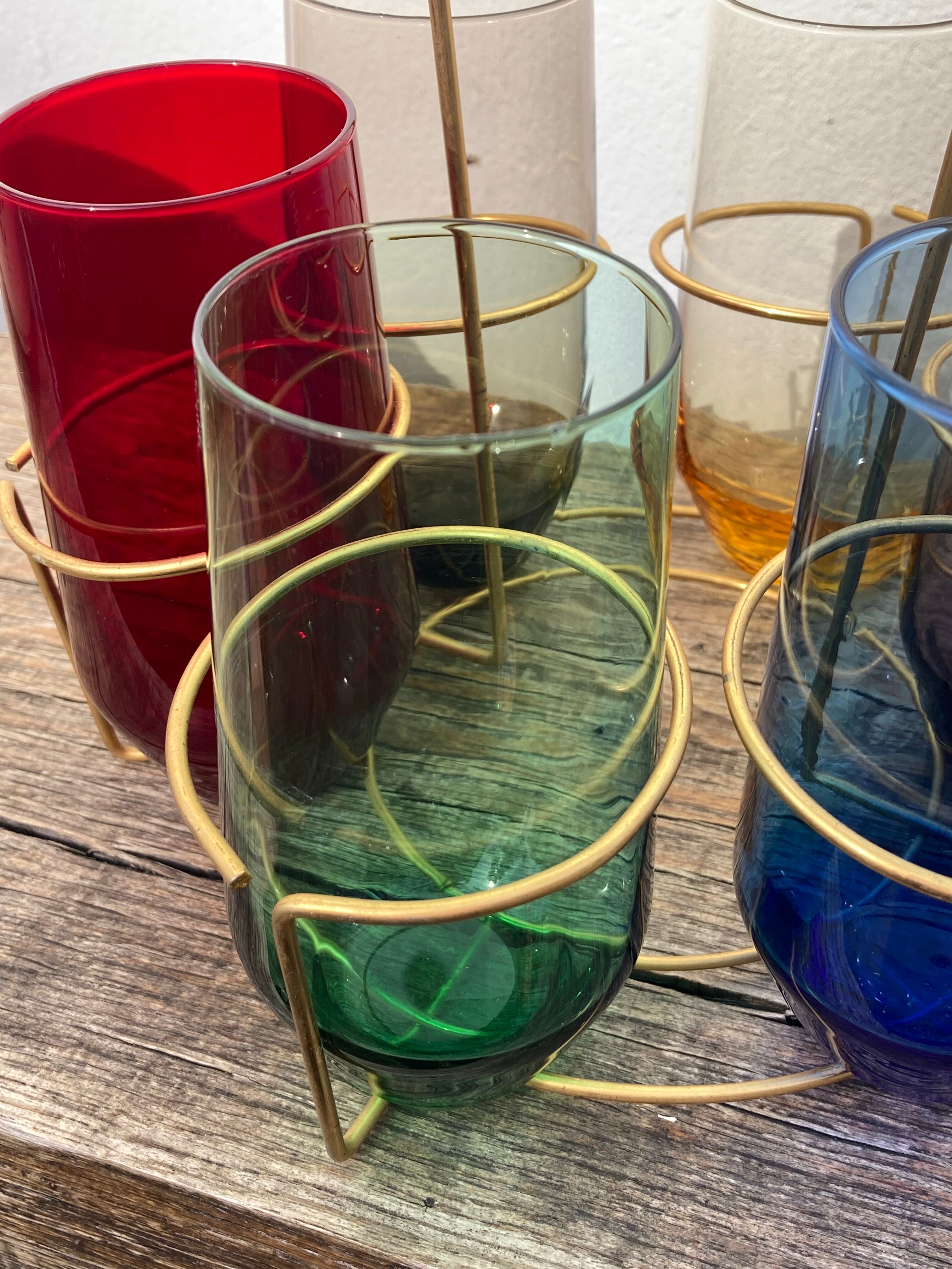 Crystal coloured water glasses in gilded metal glass holders 1970