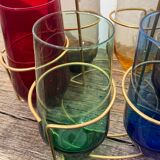 Crystal coloured water glasses in gilded metal glass holders 1970