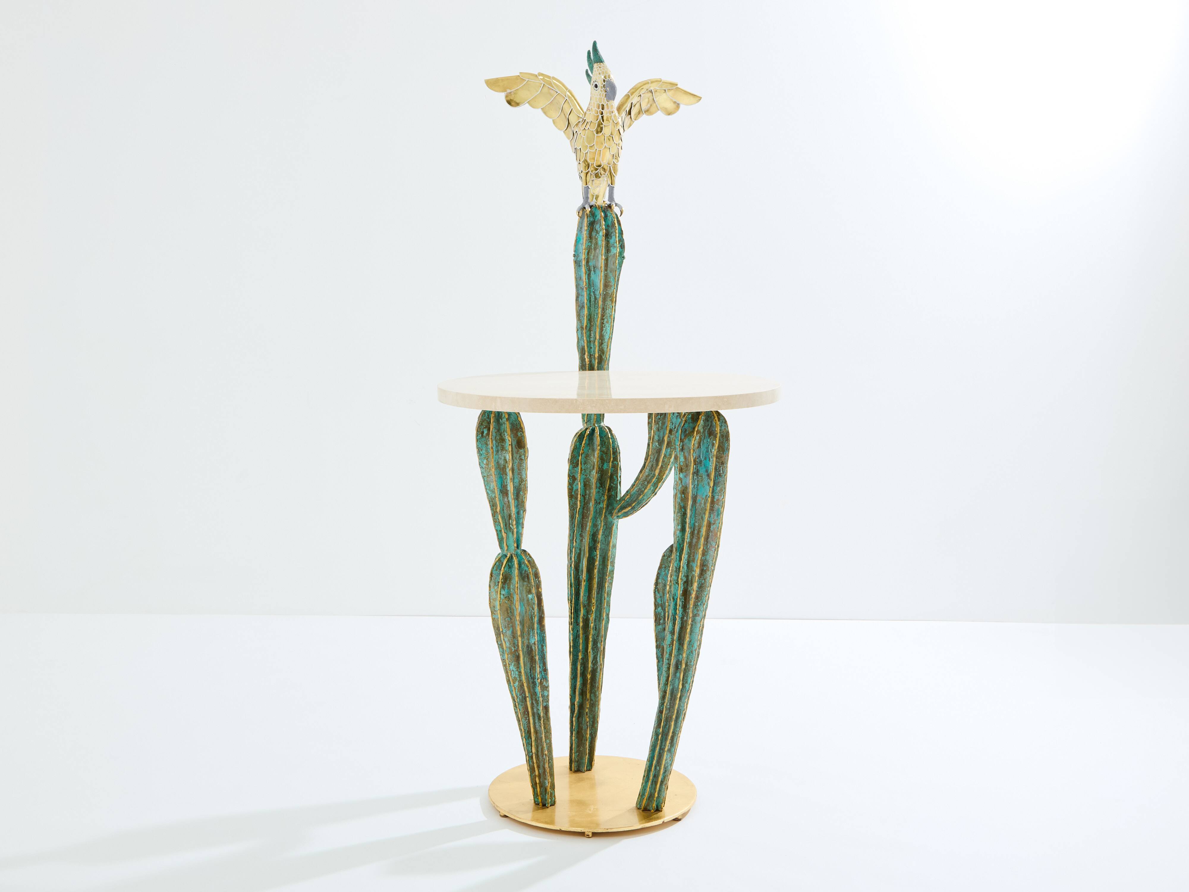 Brass cactus and parrot sculpture console Alain Chervet 1989