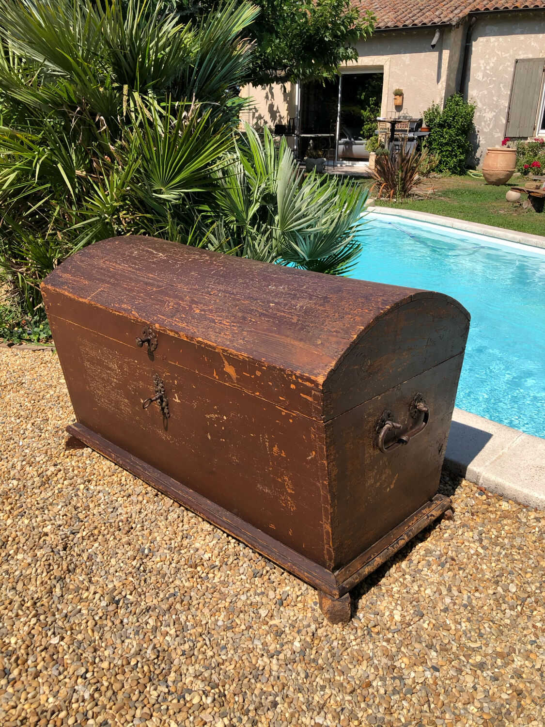 19th-century curved antique wooden chest