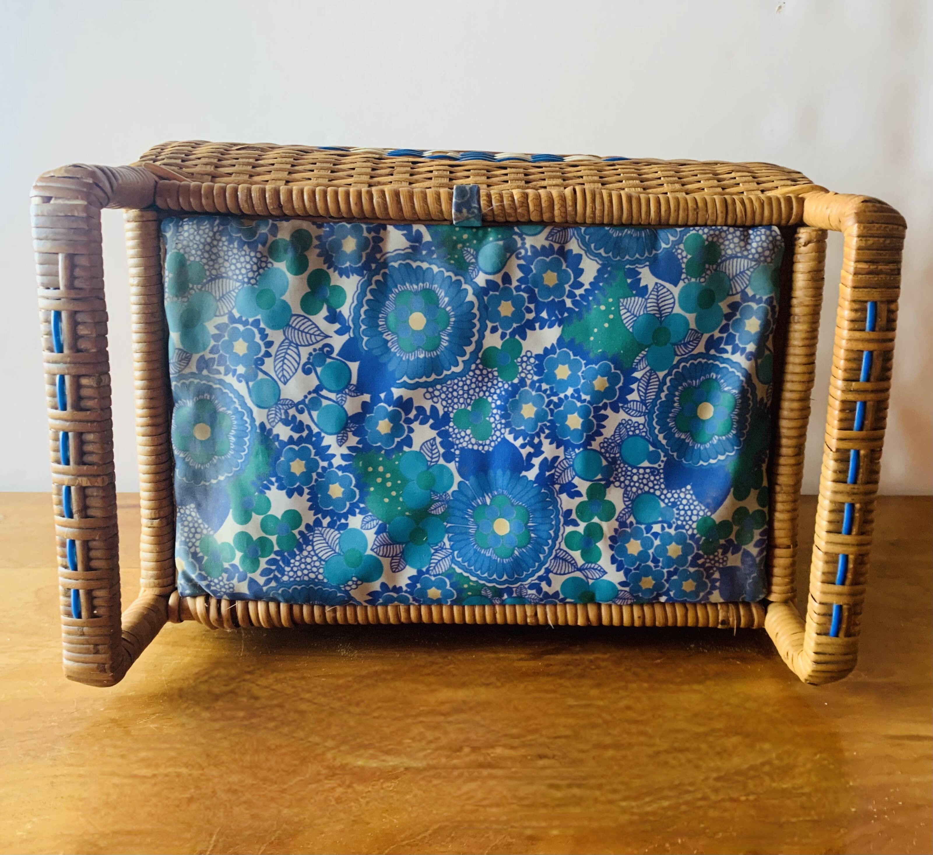 Large vintage rattan and wicker sewing basket with fabric seat