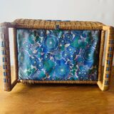 Large vintage rattan and wicker sewing basket with fabric seat