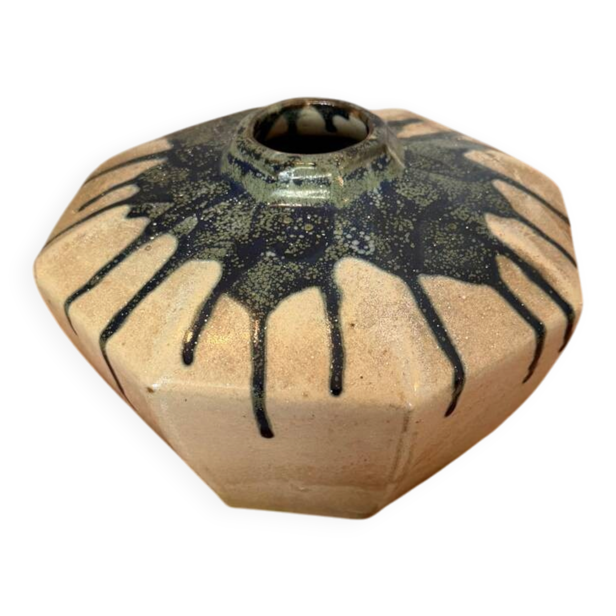 Scandinavian studio vase in flamed stoneware with drip decorations.