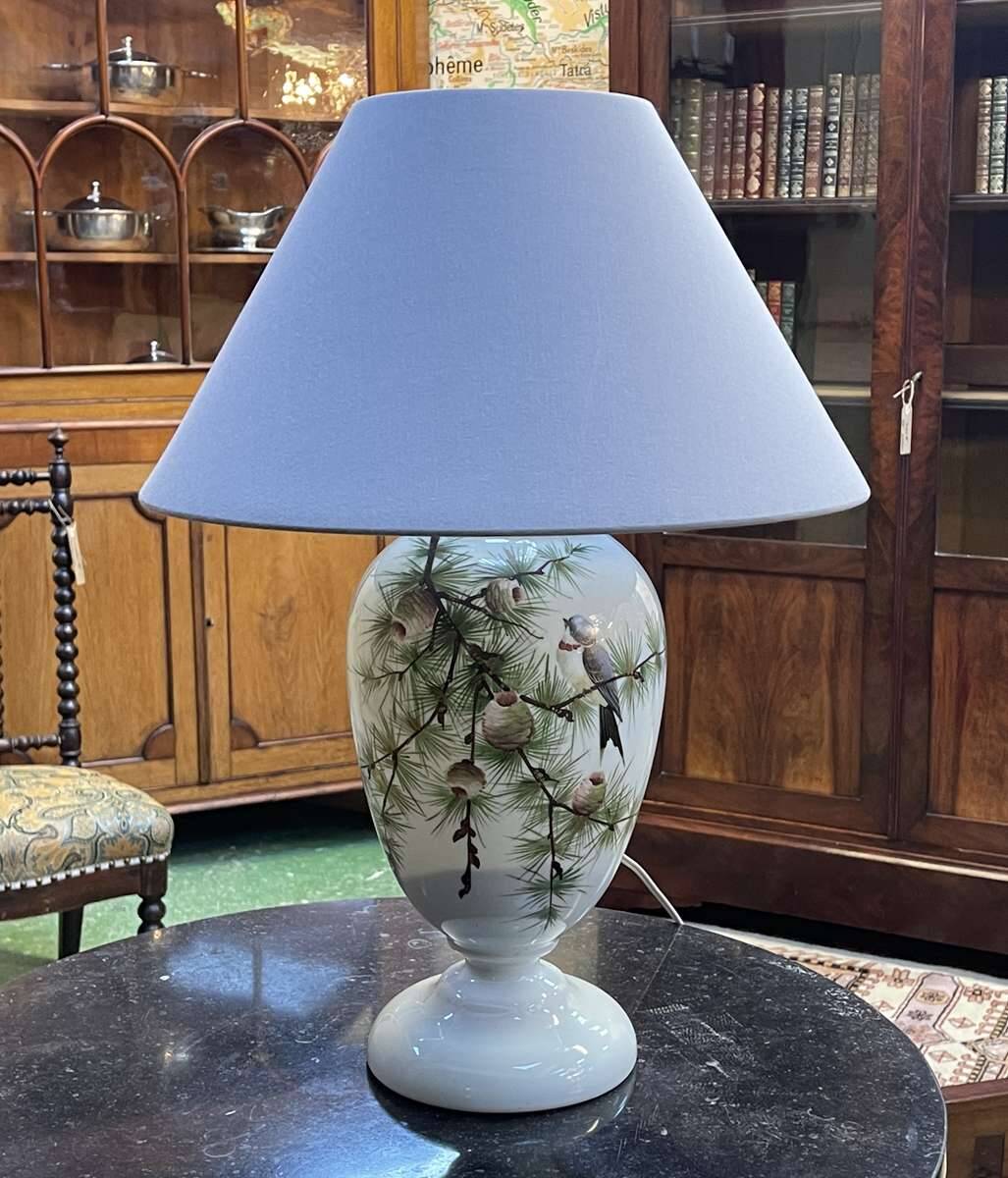 Napoleon III lamp in white opaline glass with bird decoration from the late 19th century