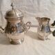 Sugar bowl & its milk pot with ebony handle in silver metal